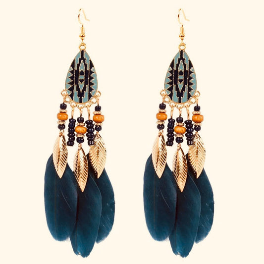 Blue Bohemian Feather Earrings