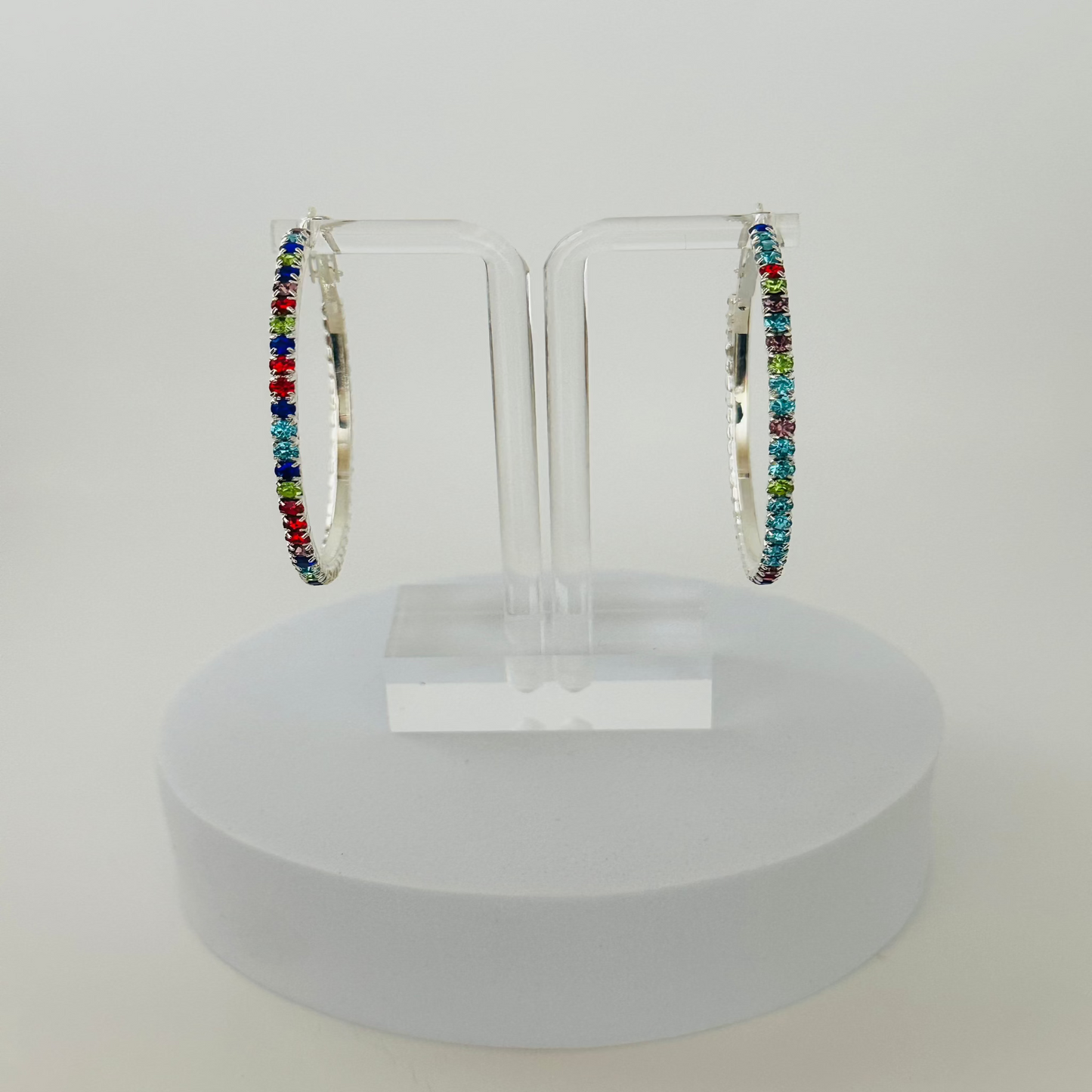 Silver colorful rhinestones hoop earring 2.9 Inches diameter 
0.41 oz.