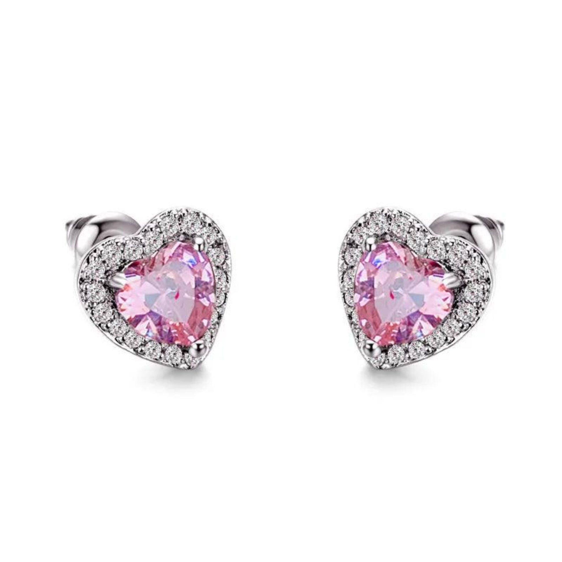 Heart-shaped stud earrings featuring sparkling pink diamonds, elegantly set in a polished metal setting.