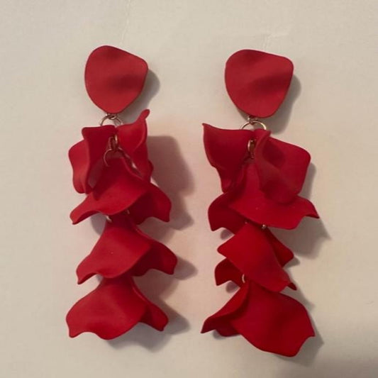 Red petal dangle earrings, 4 inches long 